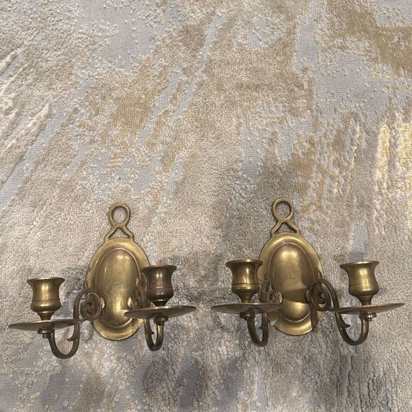 Vintage double Brass Wall Sconce twin Arm Candle Holder oval set of 2 read - Picture 1 of 7